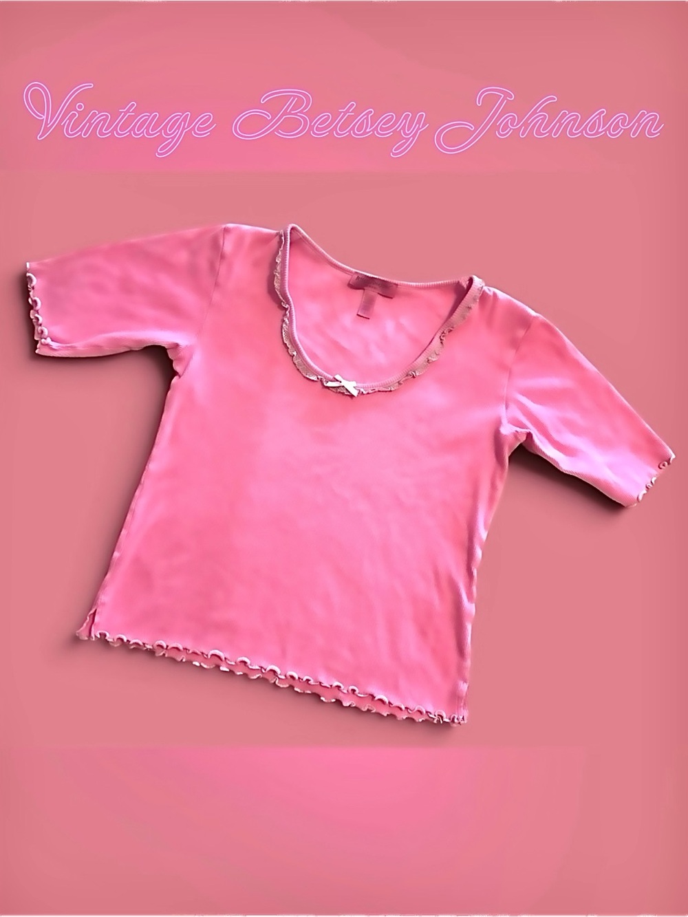 VTG Betsey Johnson 🎀 Pink Coquette Girly Lettuce Trim Ribbed Cropped Size Large